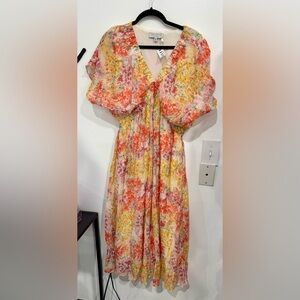 Floral V-Neck Puff Sleeve Midi Dress - Yellow & Coral